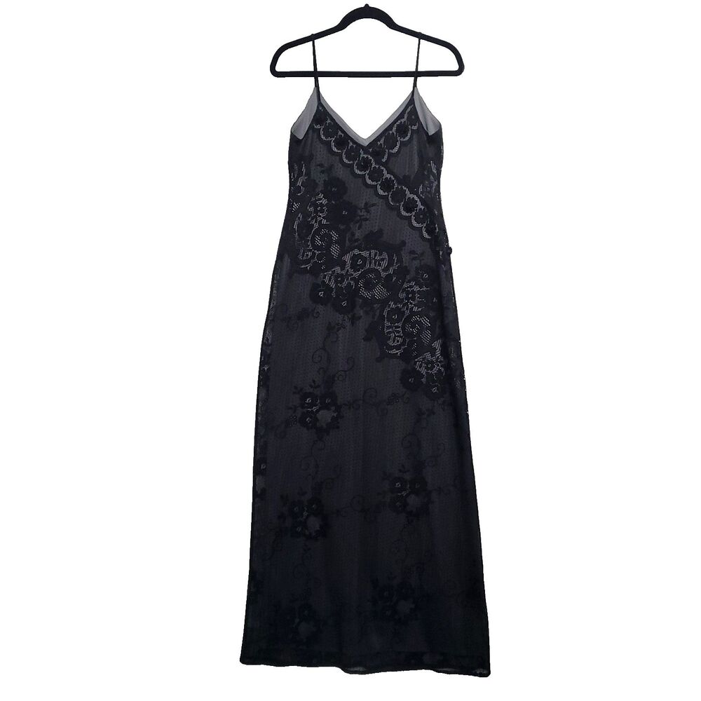 Y2K Whimsigoth Maxi Slip Dress Laundry Black Lace over gray satin 3D Ribbon rose - Picture 6 of 16